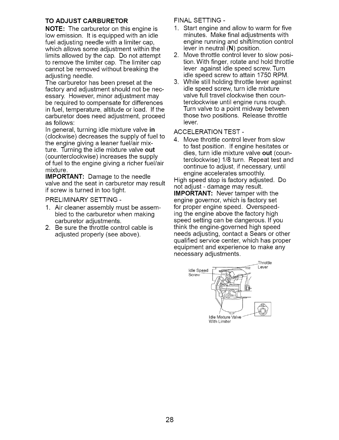 Craftsman 917.273642 manual To Adjust Carburetor, Preliminary Setting, Final Setting, Acceleration Test 