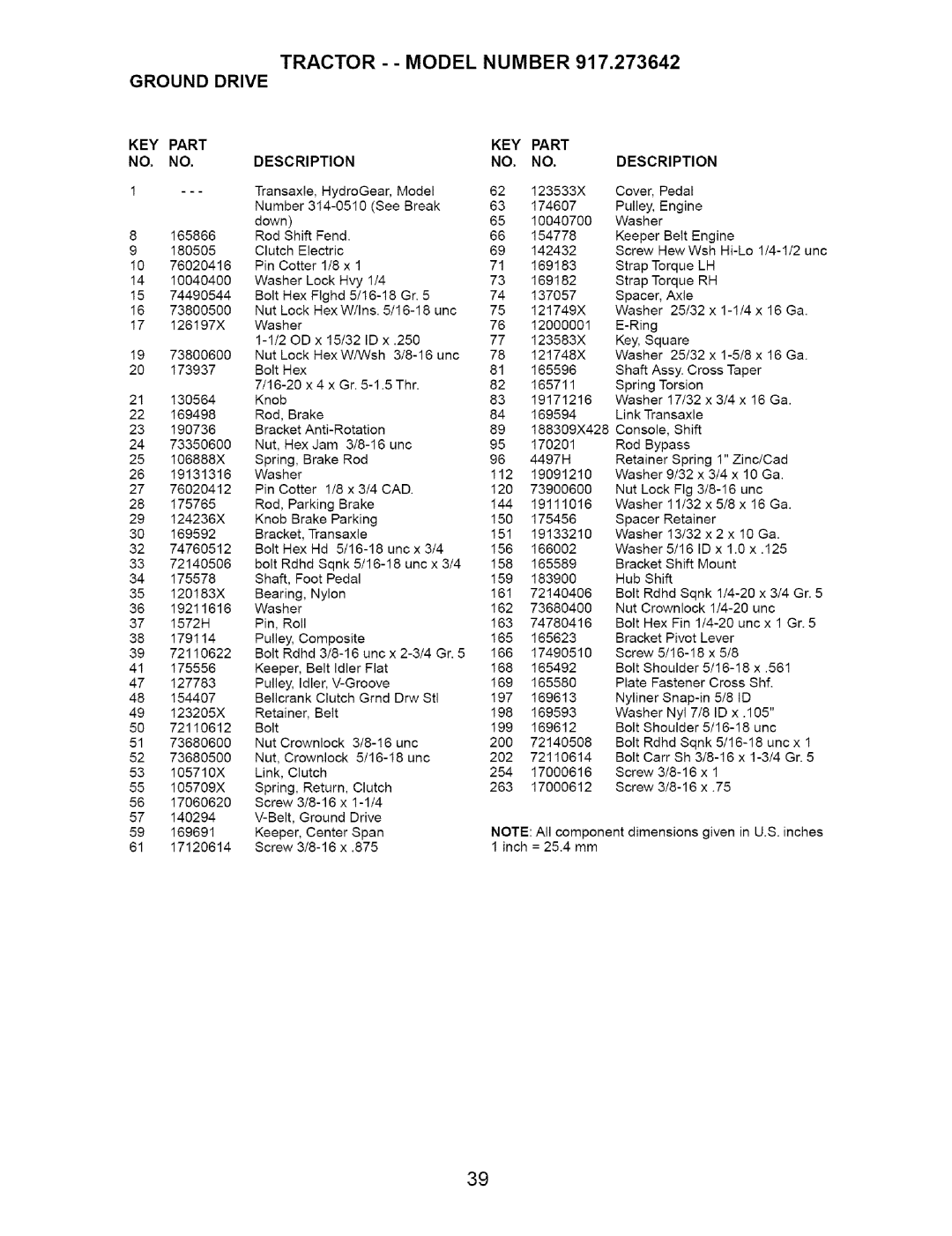 Craftsman 917.273642 manual Tractor -- Model Number Ground Drive, KEY Part Description 