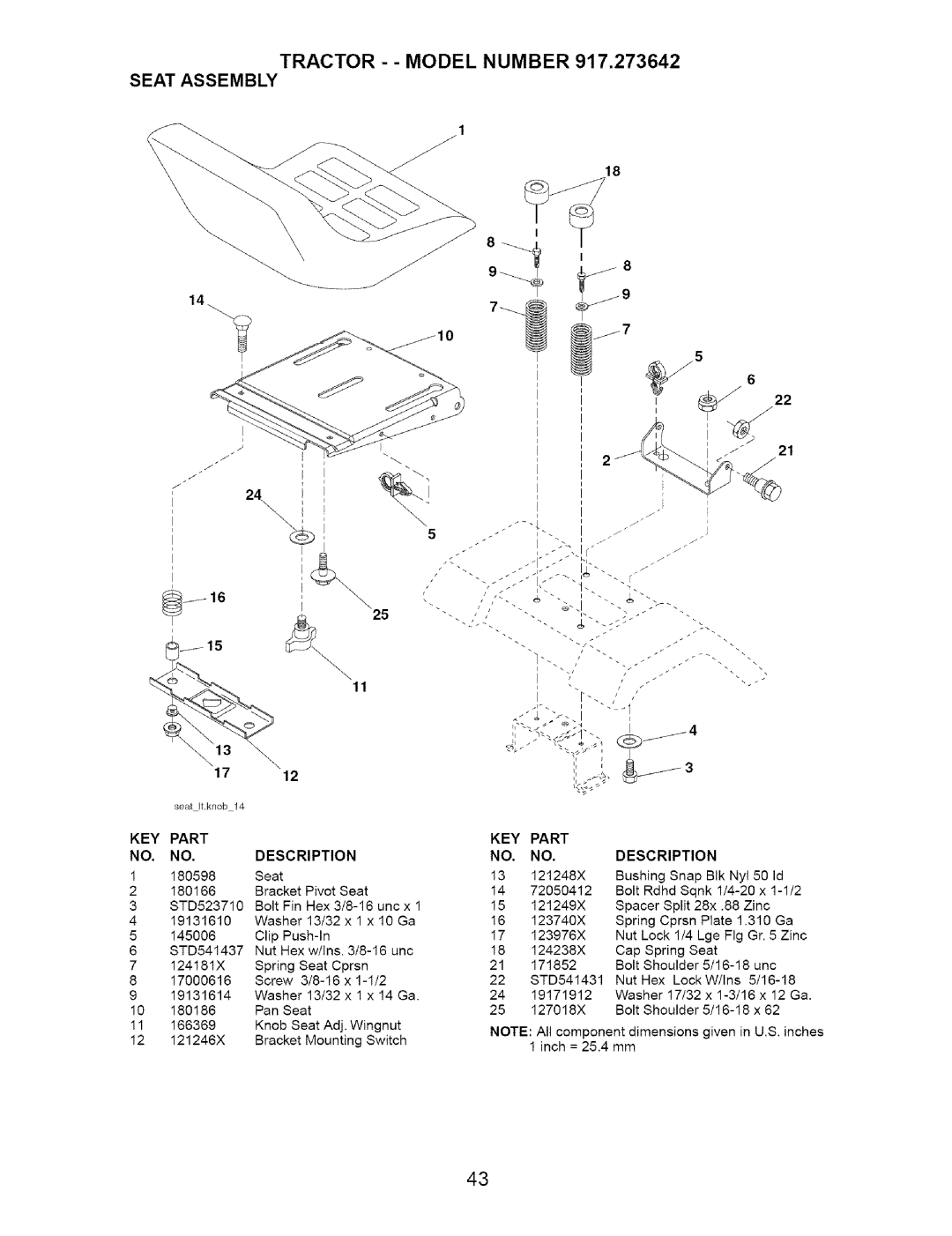 Craftsman 917.273642 manual Tractor - Model Number Seat Assembly, KEY Part 