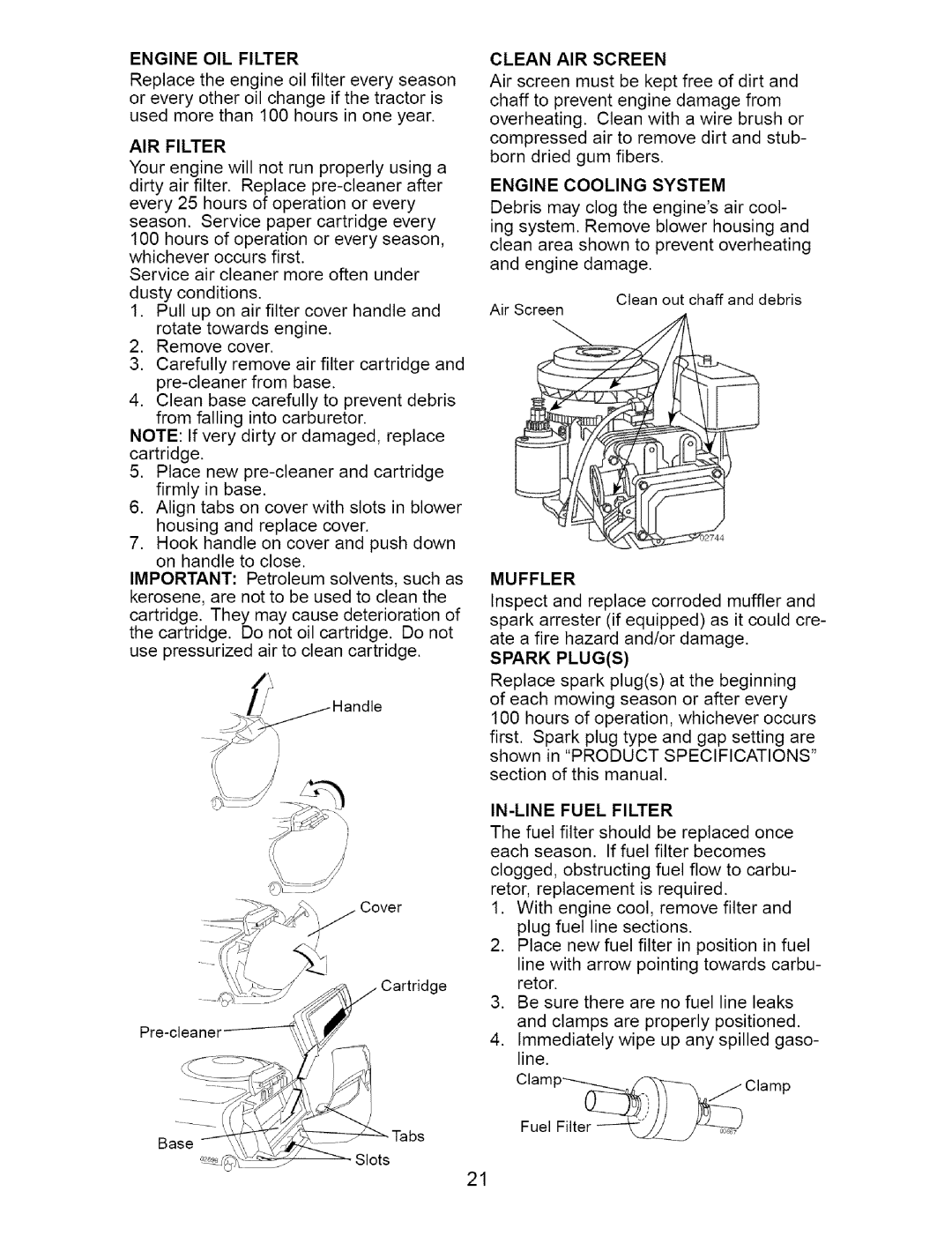 Craftsman 917.273642 manual Engine Oil Filter, Air Filter, Engine Cooling System, Muffler, Spark Plugs, In-Linefuel Filter 