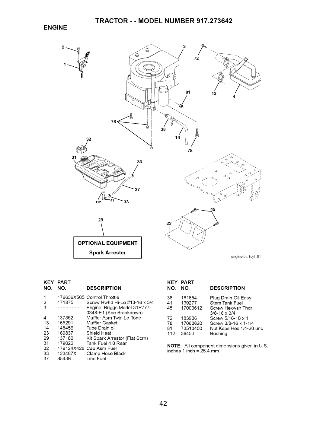 Craftsman 917.273642 manual TRACTOR - - MODEL NUMBER 917,273642, Engine, OPTIONALSpark ArresterEQUIPMENT 