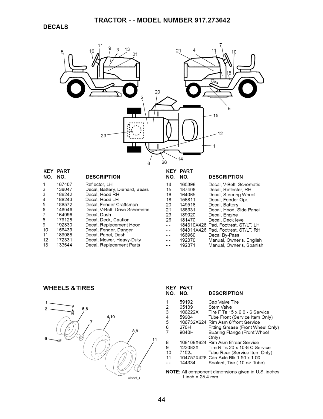 Craftsman 917.273642 manual TRACTOR - - MODEL NUMBER 917,273642, Decals, Wheels, Tires, Part, Description 