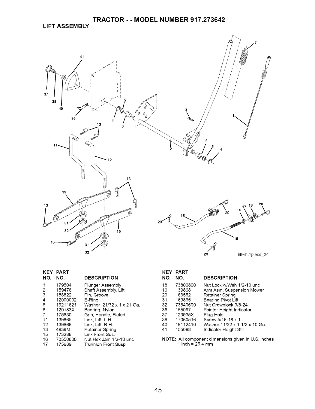 Craftsman 917.273642 manual TRACTOR - - MODEL NUMBER 917,273642 LIFT ASSEMBLY, 38 40, Part, Description 