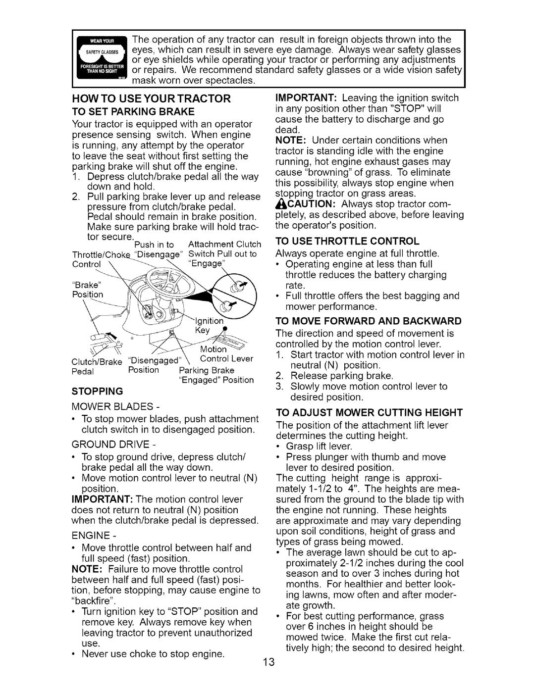 Craftsman 917.273648 To SET Parking Brake, Stopping, Engine, To Move Forward and Backward, To Adjust Mower Cutting Height 