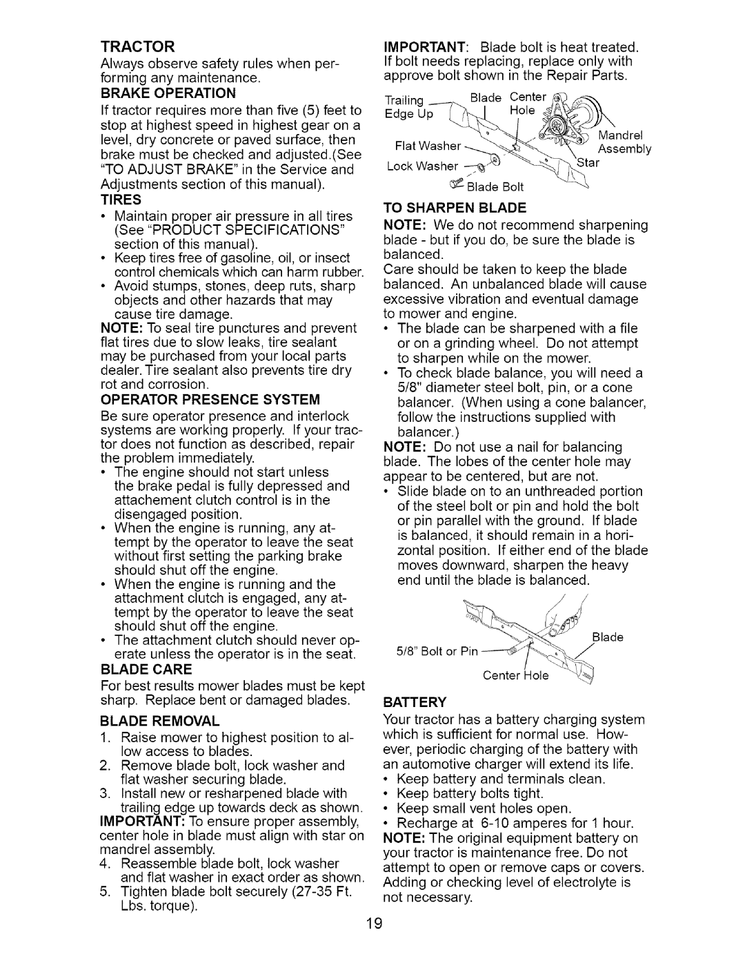 Craftsman 917.273648 manual Battery, Tractor, Operator Presence System, Blade Care, Blade Removal 