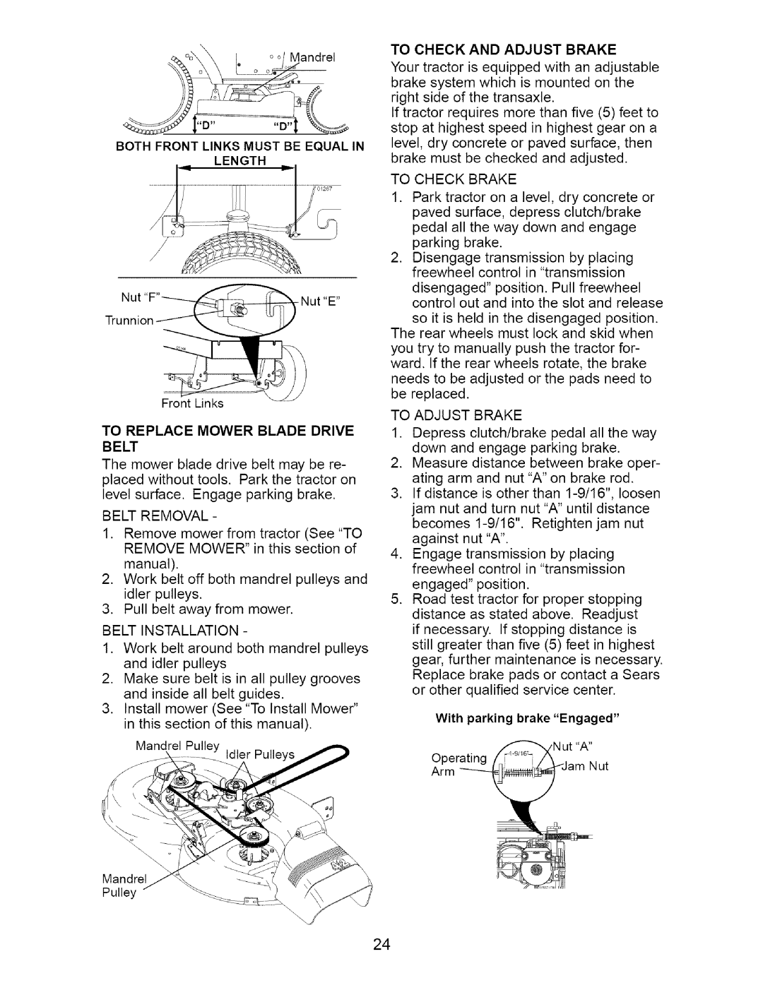 Craftsman 917.273648 Both Front Links Must be Equal Length, To Replace Mower Blade Drive Belt, To Check and Adjust Brake 