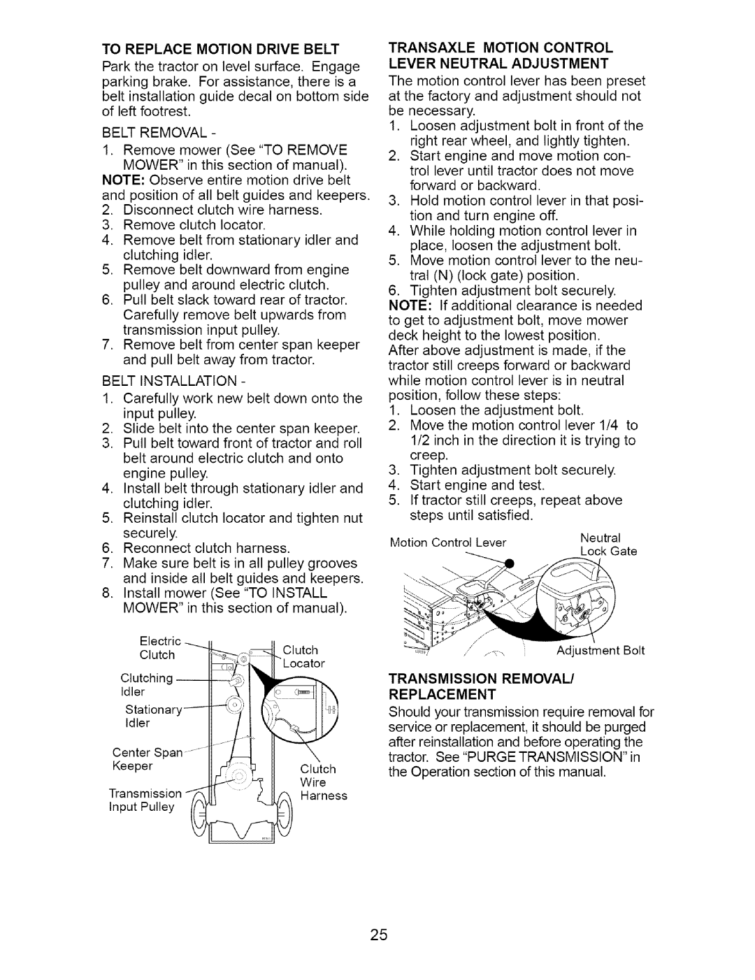 Craftsman 917.273648 manual To Replace Motion Drive Belt, Transaxle Motion Control, Lever Neutral Adjustment, Replacement 