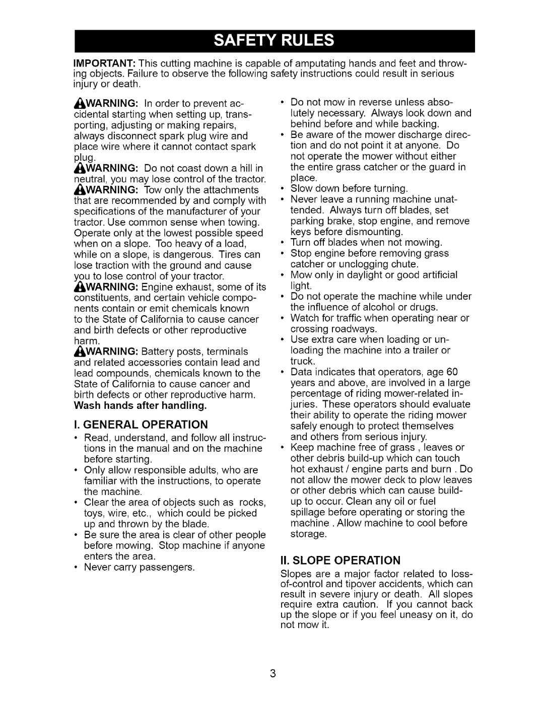 Craftsman 917.273648 manual General Operation, II. Slope Operation 