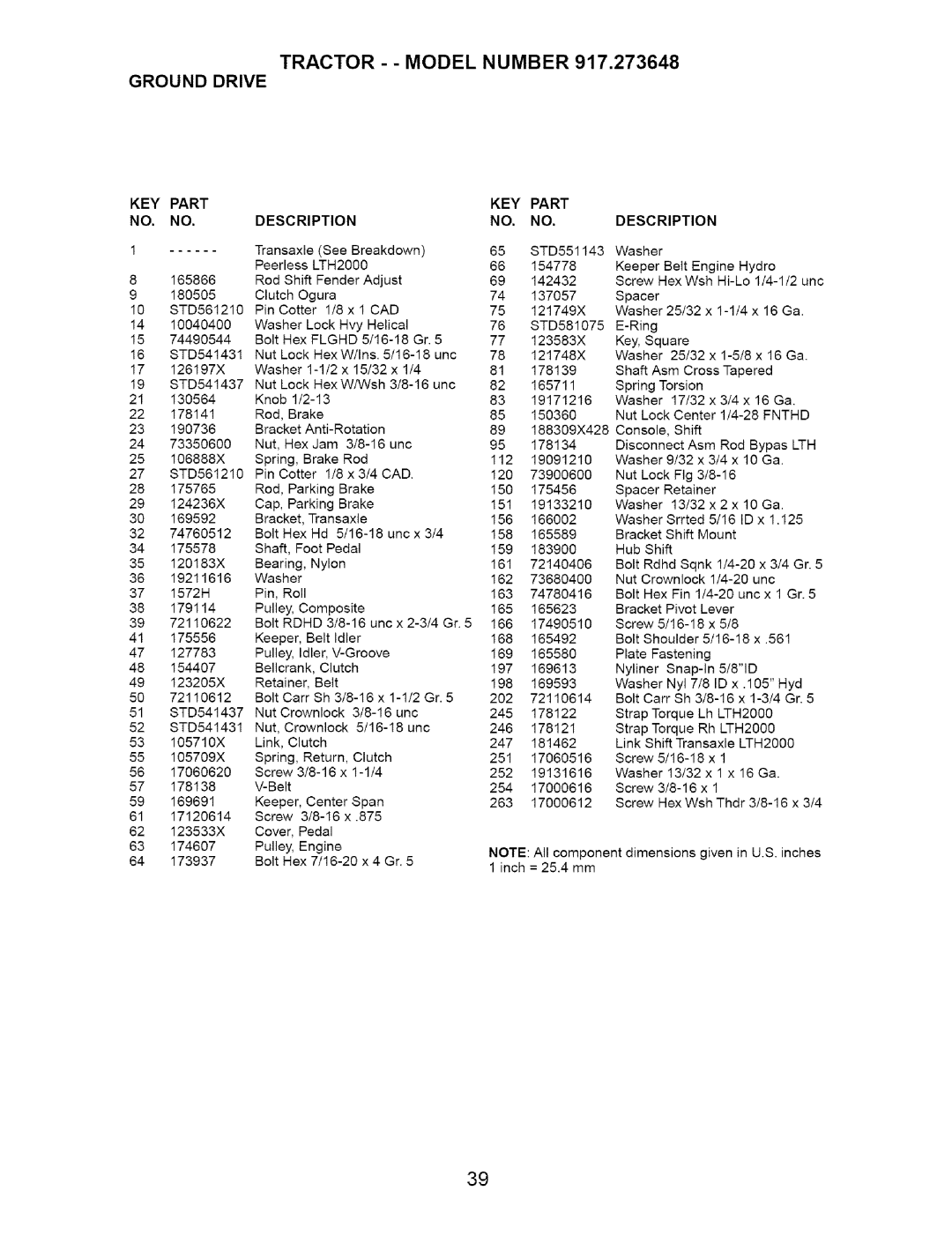 Craftsman 917.273648 manual Tractor - Model Number 917,273648 Ground Drive, KEY Part Description 