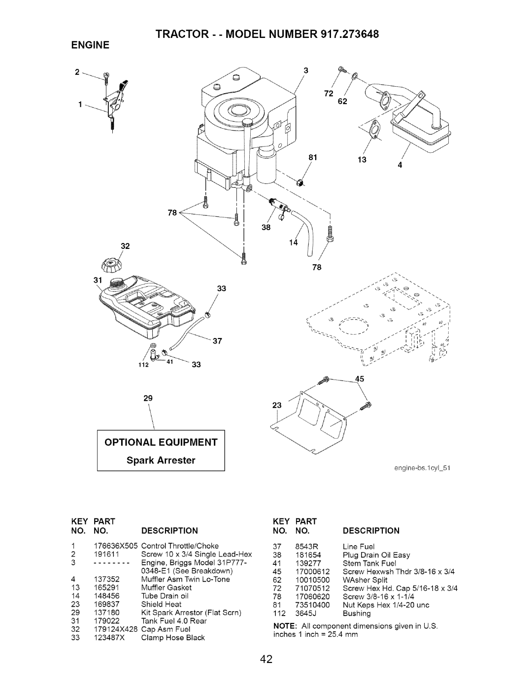 Craftsman 917.273648 manual Engine, Optional Equipment 