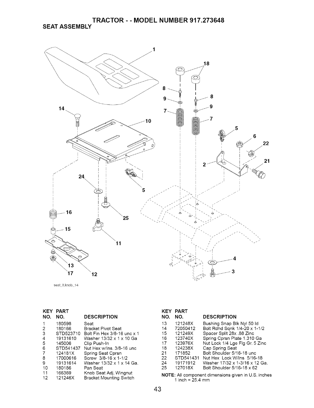 Craftsman 917.273648 manual Tractor - Model Number Seat Assembly, 25 13 