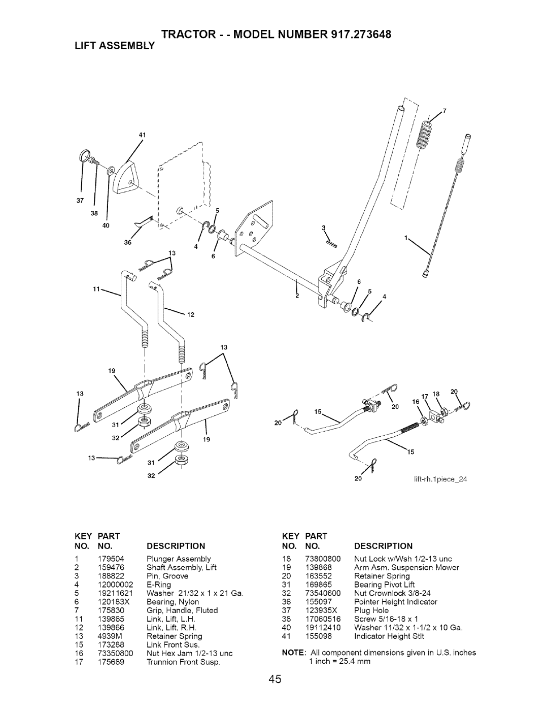 Craftsman 917.273648 manual Tractor - Model Number 917,273648 Lift Assembly, Part KEY Description 