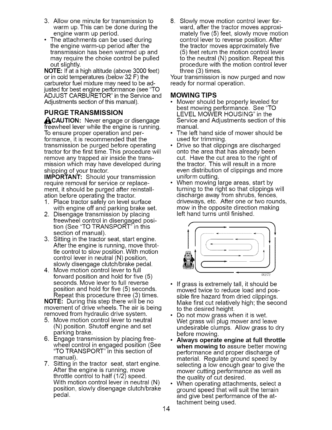 Craftsman 917.273663 owner manual Mowing Tips, Purge Transmission 