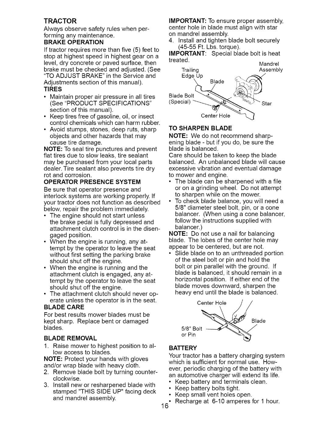 Craftsman 917.273663 owner manual Battery, Operator Presence System, Blade Removal 