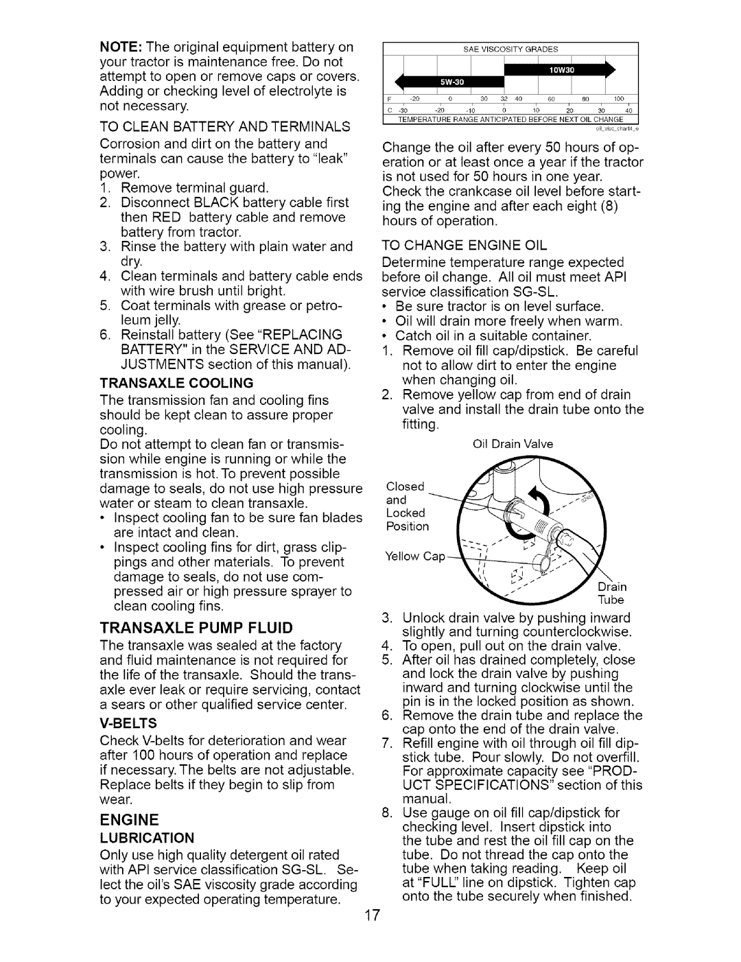 Craftsman 917.273663 To Clean Battery and Terminals, Transaxle Cooling, Transaxle Pump Fluid, Belts, Engine Lubrication 