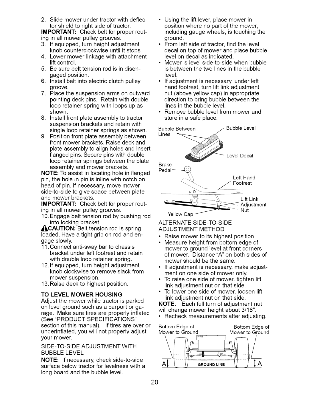 Craftsman 917.273663 owner manual To Level Mower Housing, SIDE-TO-SIDE Adjustment with Bubble Level 