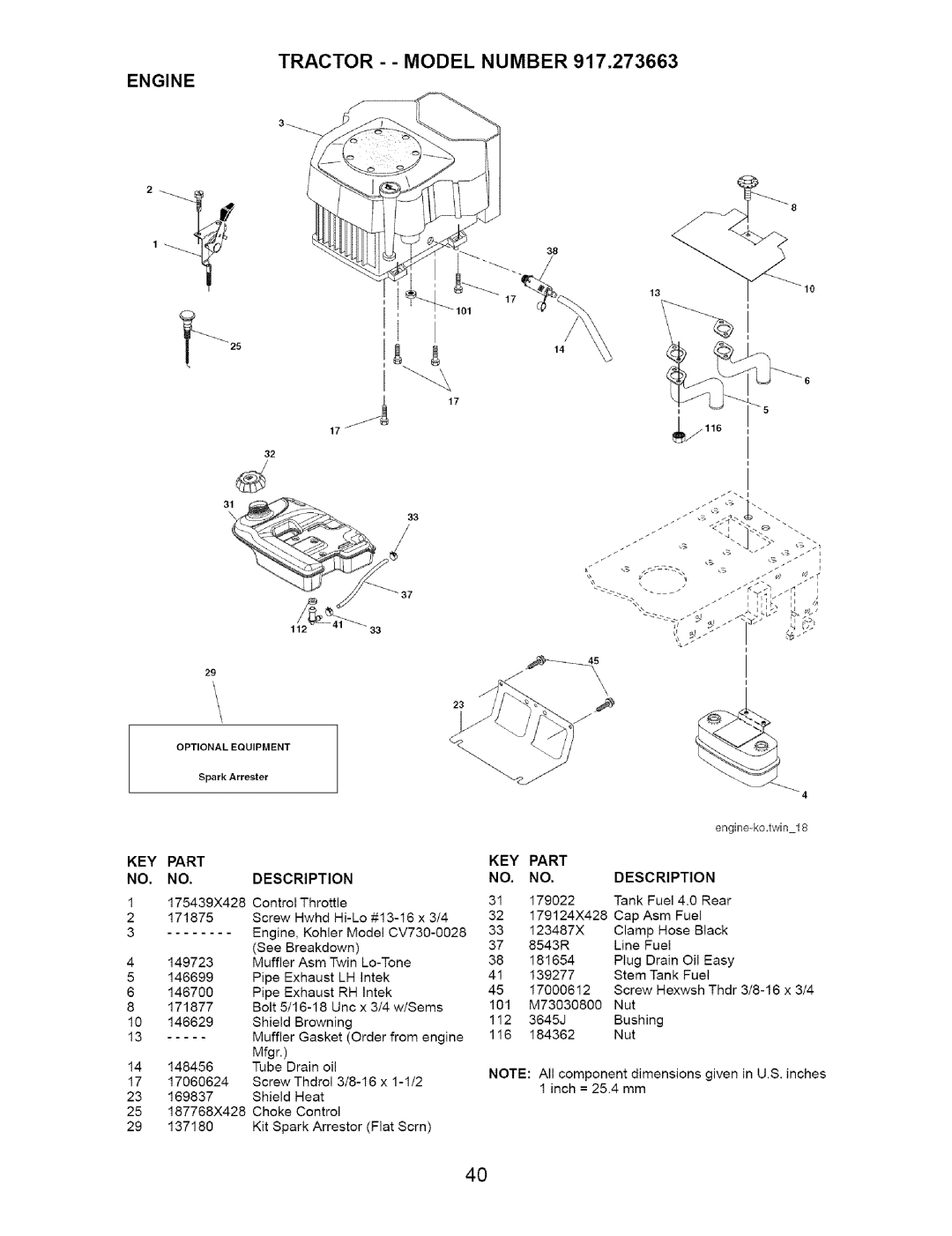 Craftsman 917.273663 owner manual Tractor - Model Number 917,273663, Engine 