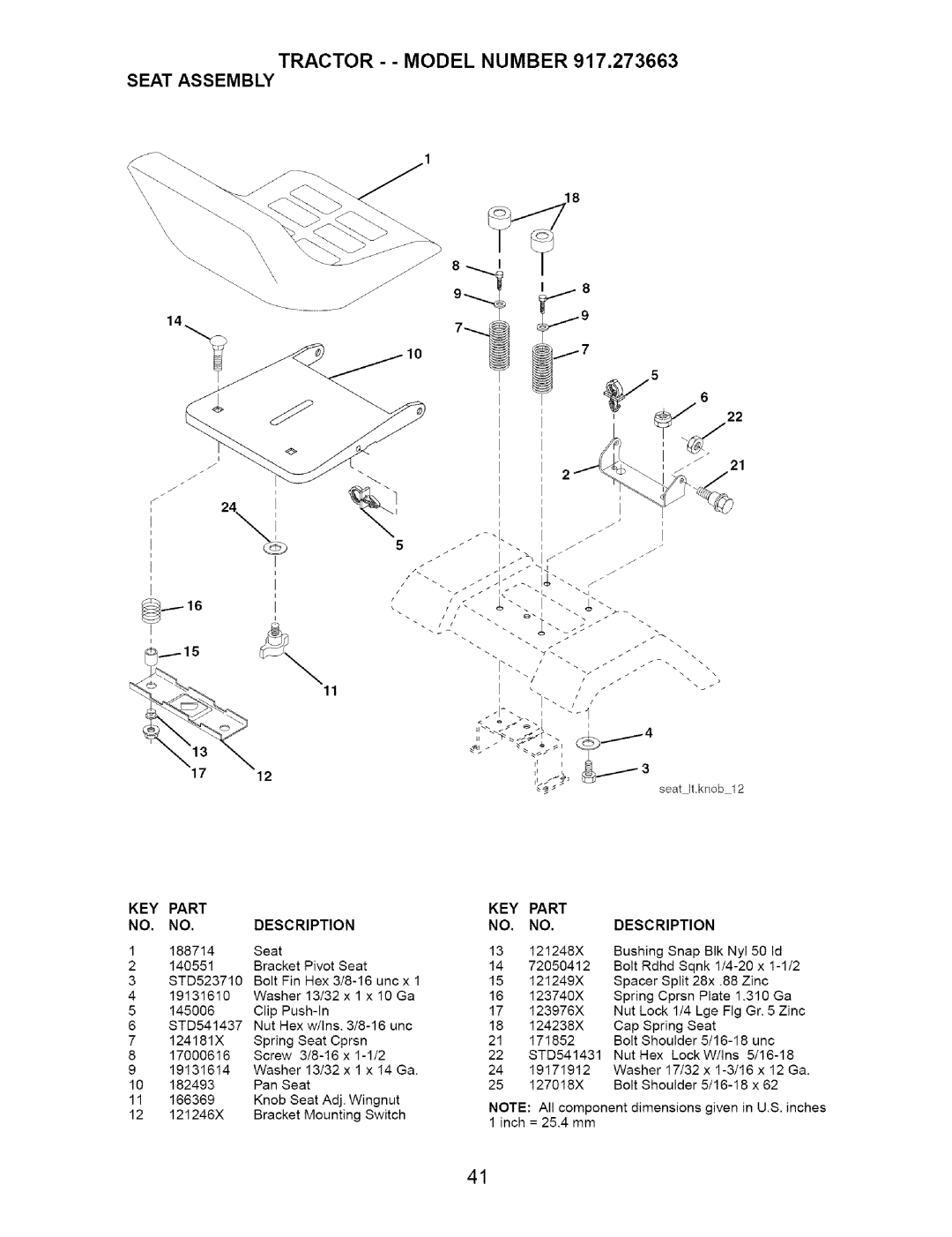 Craftsman 917.273663 owner manual Tractor - Model Number 917,273663 Seat Assembly, Key 