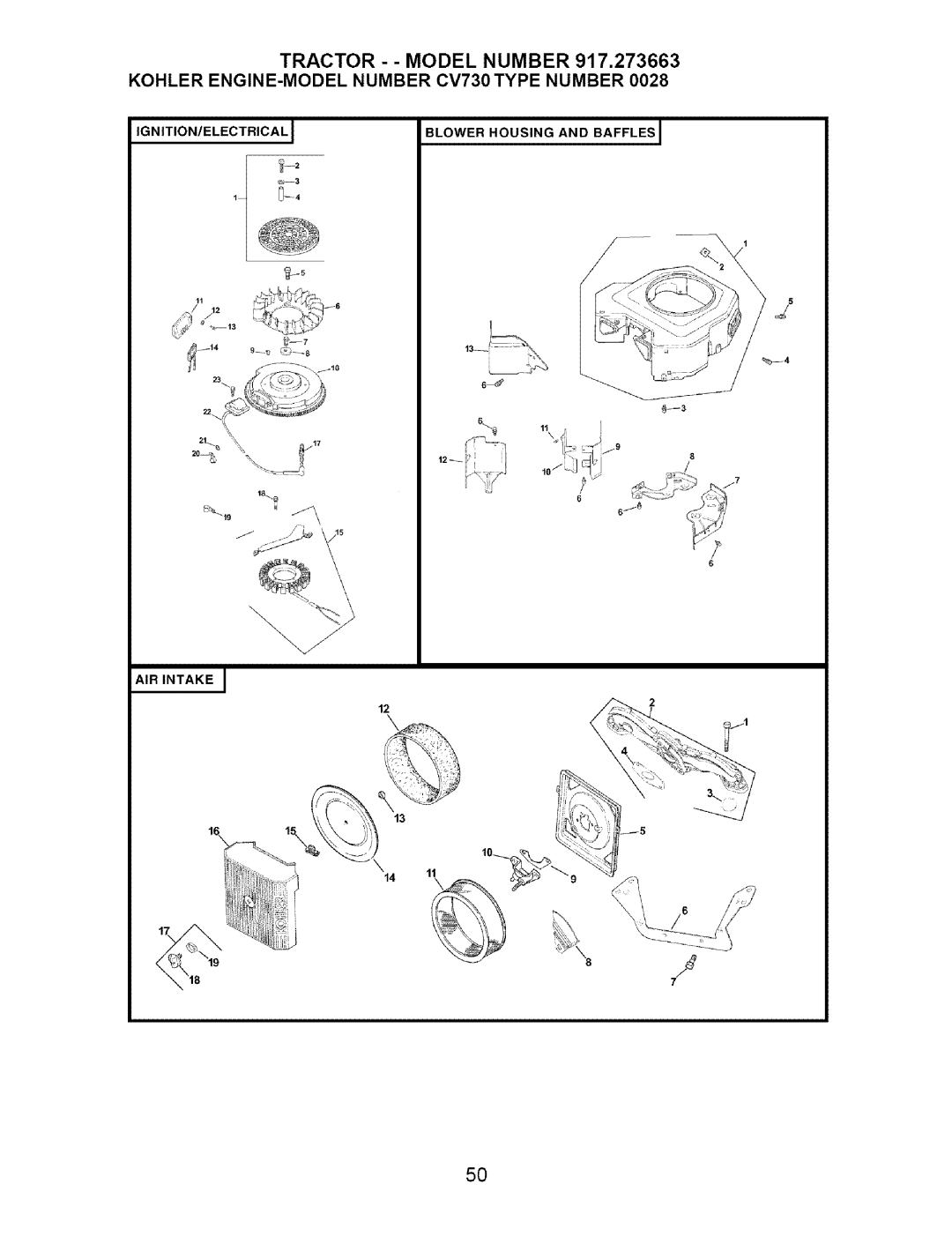 Craftsman 917.273663 owner manual IGNITION/ELECTRICALJ Blower Housing and Baffles 