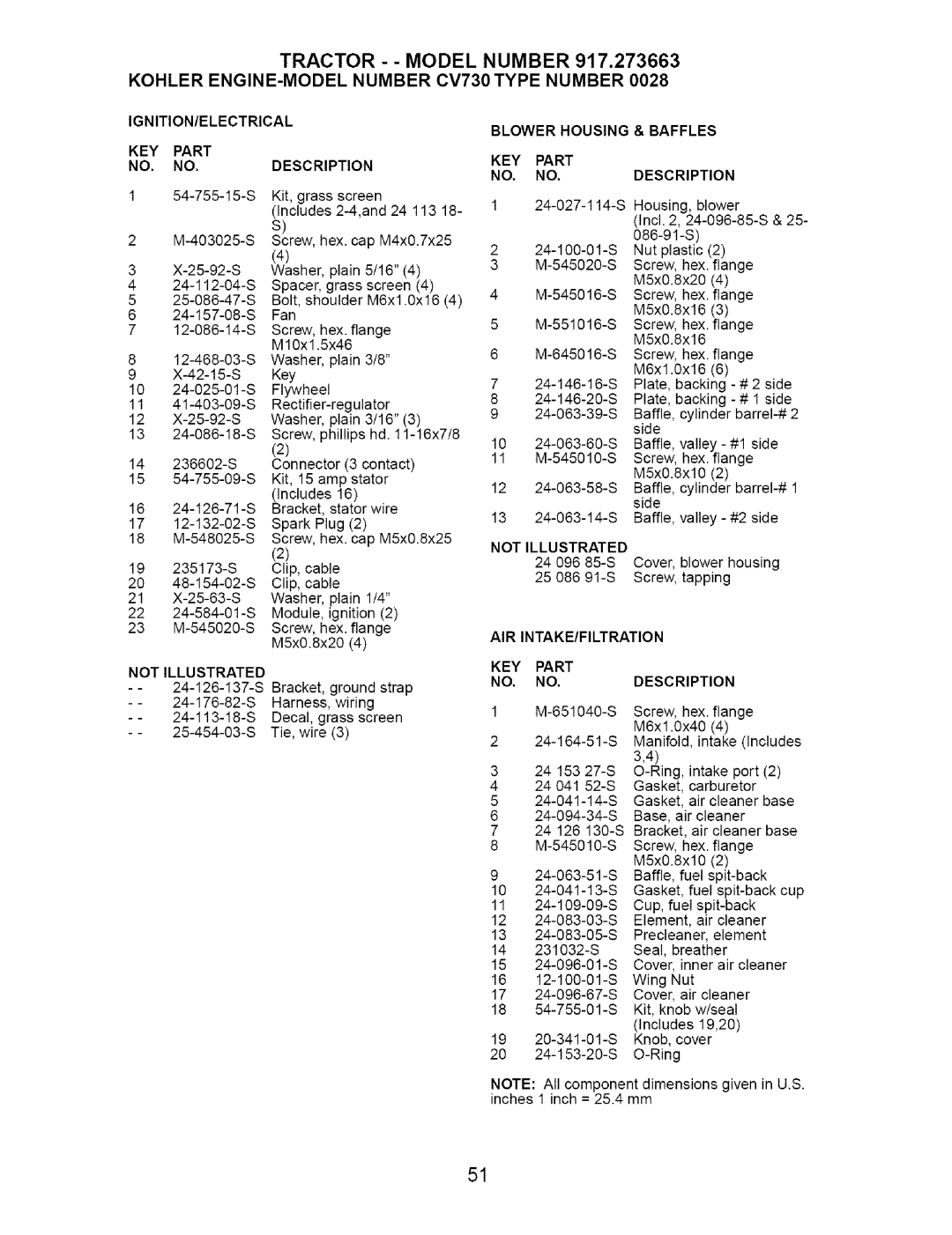 Craftsman 917.273663 Blower Housing & Baffles KEY Part NO. NO.DESCRIPTION, Not Illustrated, KEY Part NO. no 