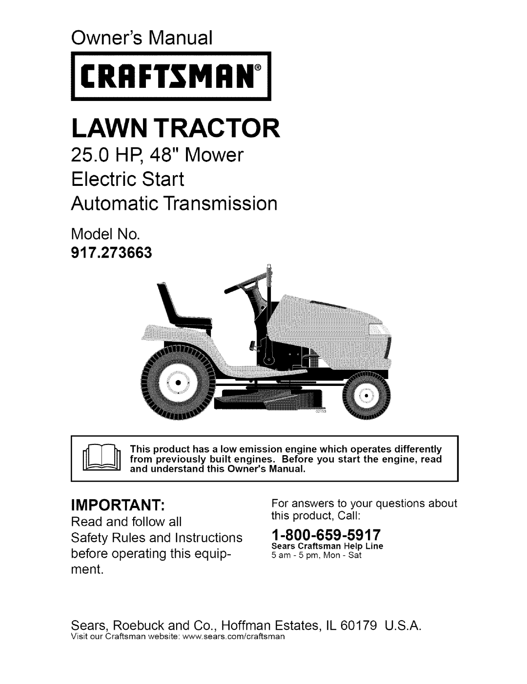 Craftsman 917.273663 owner manual Crrft.Tmrn, Lawn Tractor, Owners Manual, Model No, 1-800-659-5917 