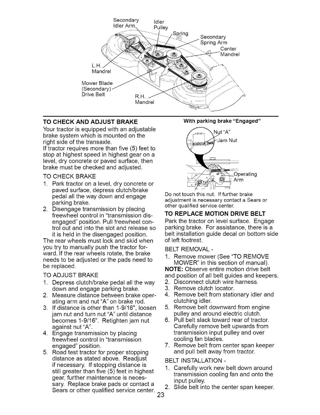 Craftsman 917.273663 owner manual To Check And Adjust Brake, To Replace Motion Drive Belt 