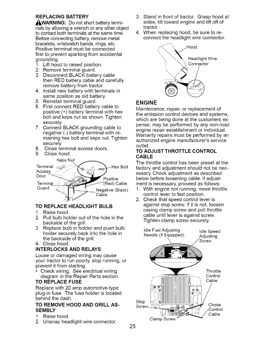 Craftsman 917.273663 owner manual Replacing, Battery, _Warning, Do not short battery termi, To Replace Headlight Bulb 