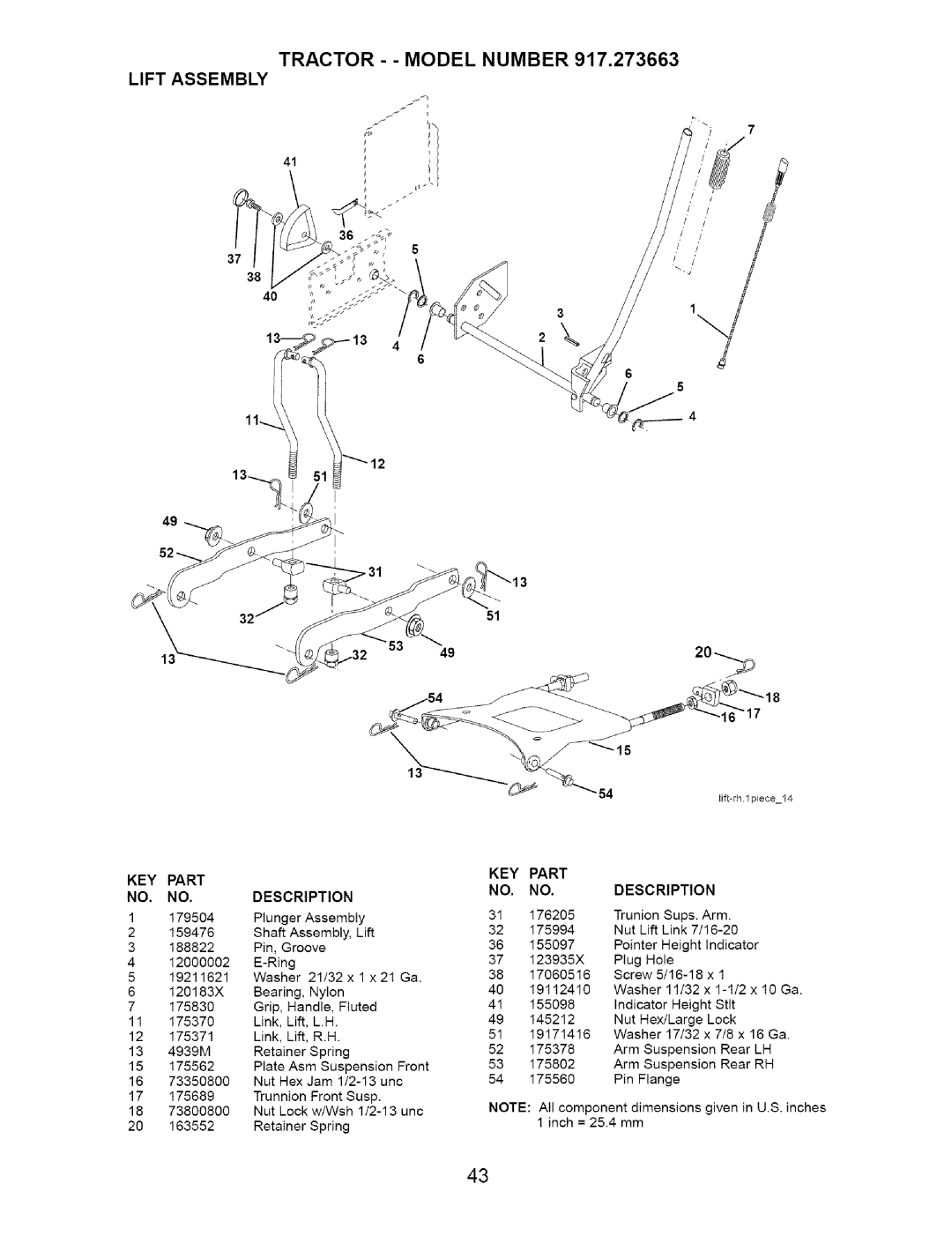 Craftsman 917.273663 owner manual TRACTOR - - MODEL NUMBER 917,273663, Lift Assembly, Part, Description 