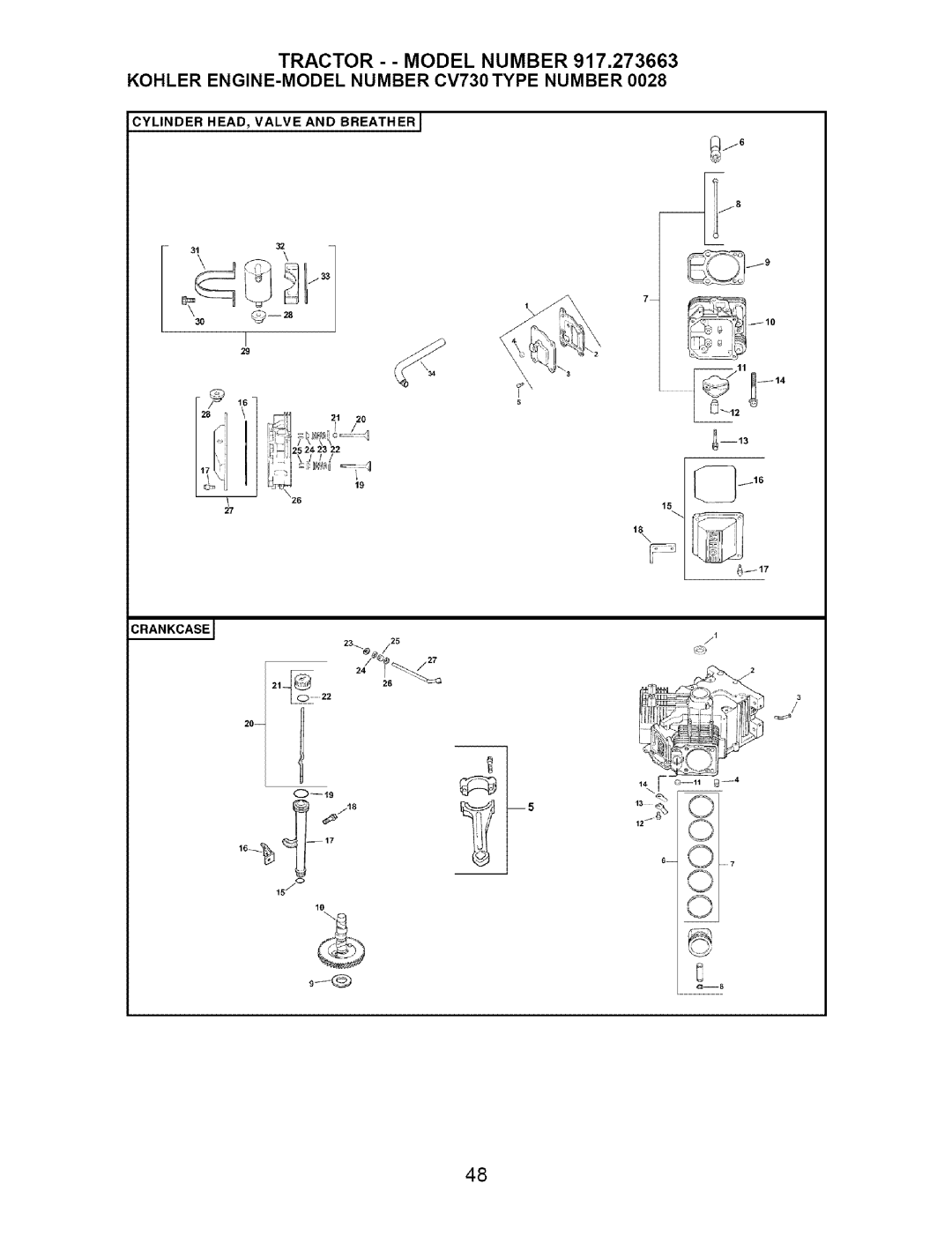 Craftsman 917.273663 owner manual Cylinderhead, Valveand Breather, Crankcasej, 16 15, 23_@ /25, 20--l, 15 10 