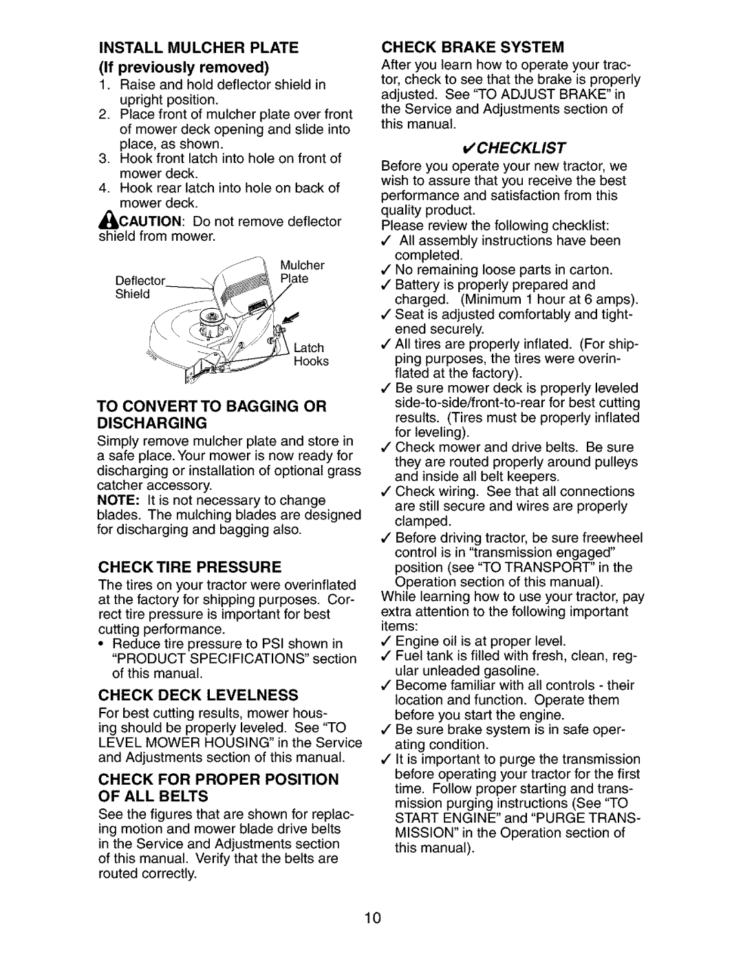 Craftsman 917.273763 Install Mulcher Plate, Check Deck Levelness, To Convertto Bagging or Discharging, Check Brake System 