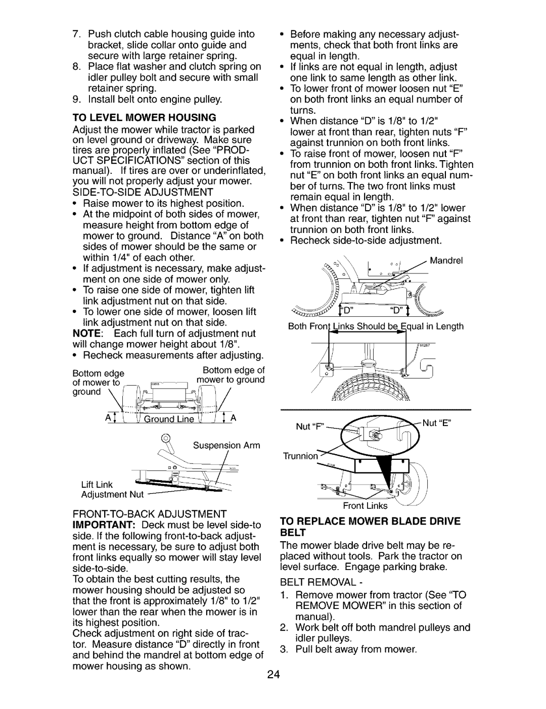 Craftsman 917.273763 owner manual To Level Mower Housing, SIDE-TO-SIDE Adjustment, Belt Removal 