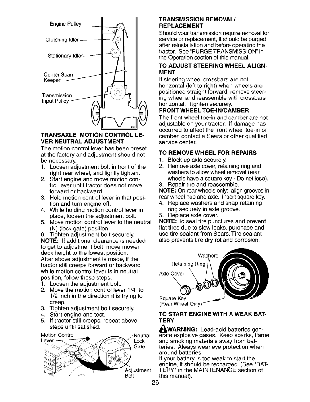 Craftsman 917.273763 owner manual Transaxle Motion Control LE- VER Neutral Adjustment, Transmission Removal Replacement 