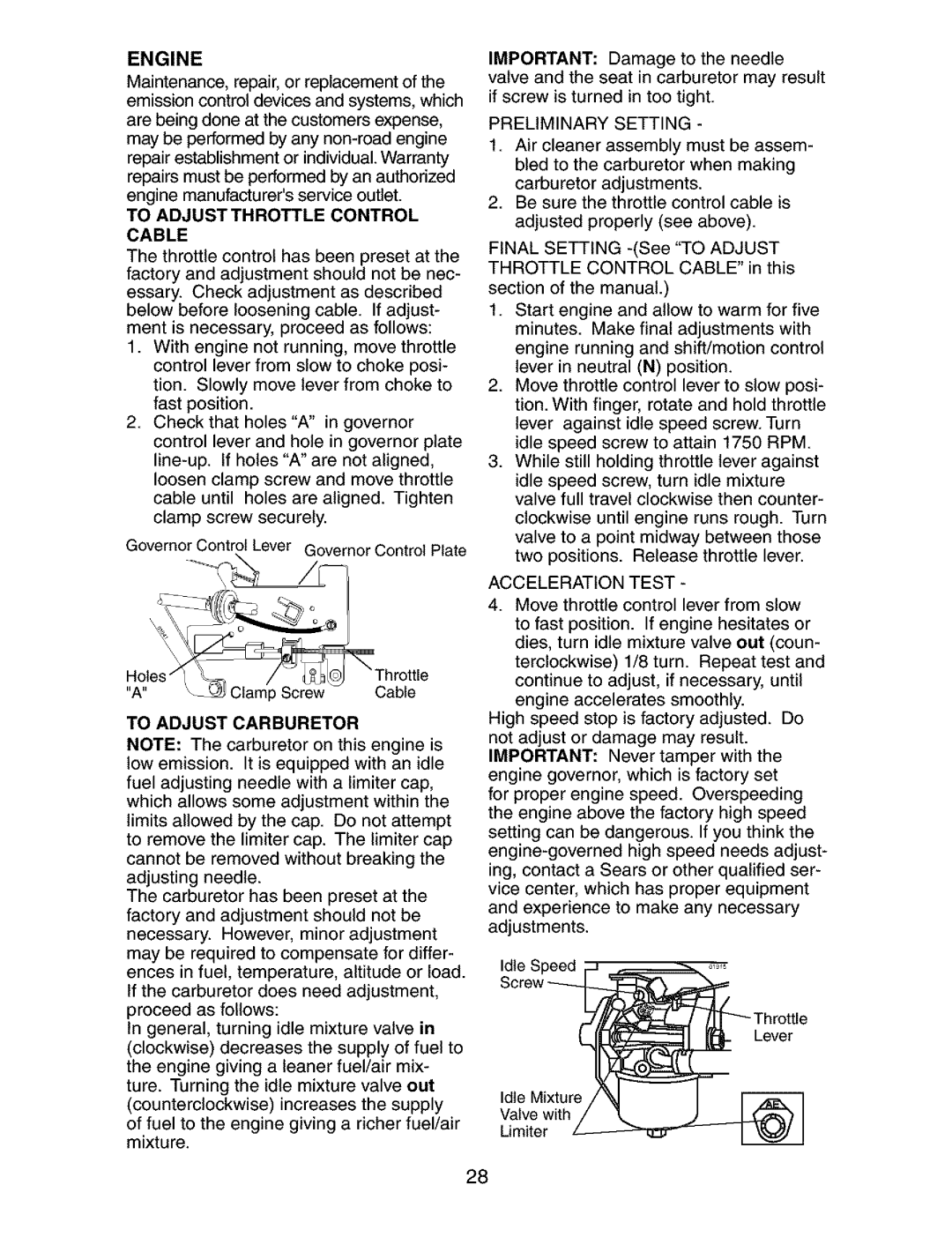 Craftsman 917.273763 owner manual Engine, To Adjustthrottle Control Cable, To Adjust Carburetor, Preliminary Setting 