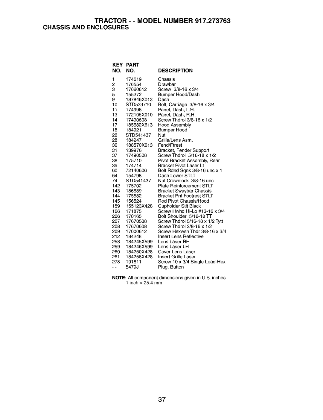 Craftsman 917.273763 owner manual Tractor --MODEL Number Chassis and Enclosures, Insert Lens Reflective 