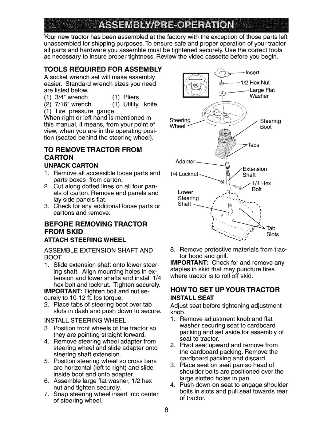 Craftsman 917.273763 owner manual Howto SET UP Your Tractor, Tools Required for Assembly, To Remove Tractor from 