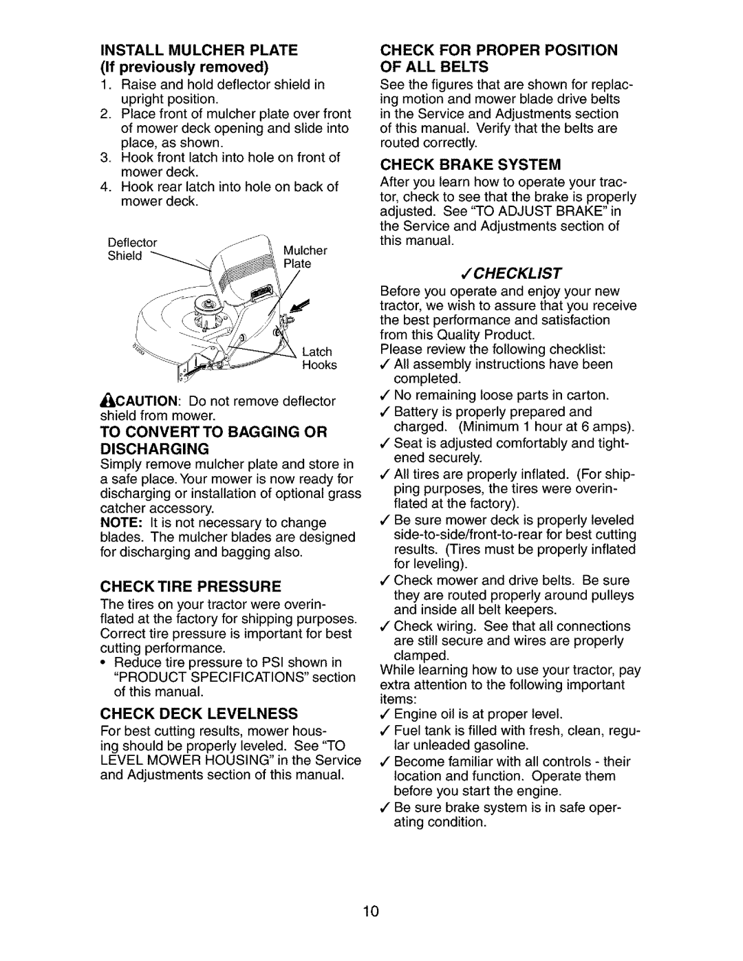 Craftsman 917.27377 manual Install Mulcher Plate, If previously removed, Check Deck Levelness, Check Brake System 