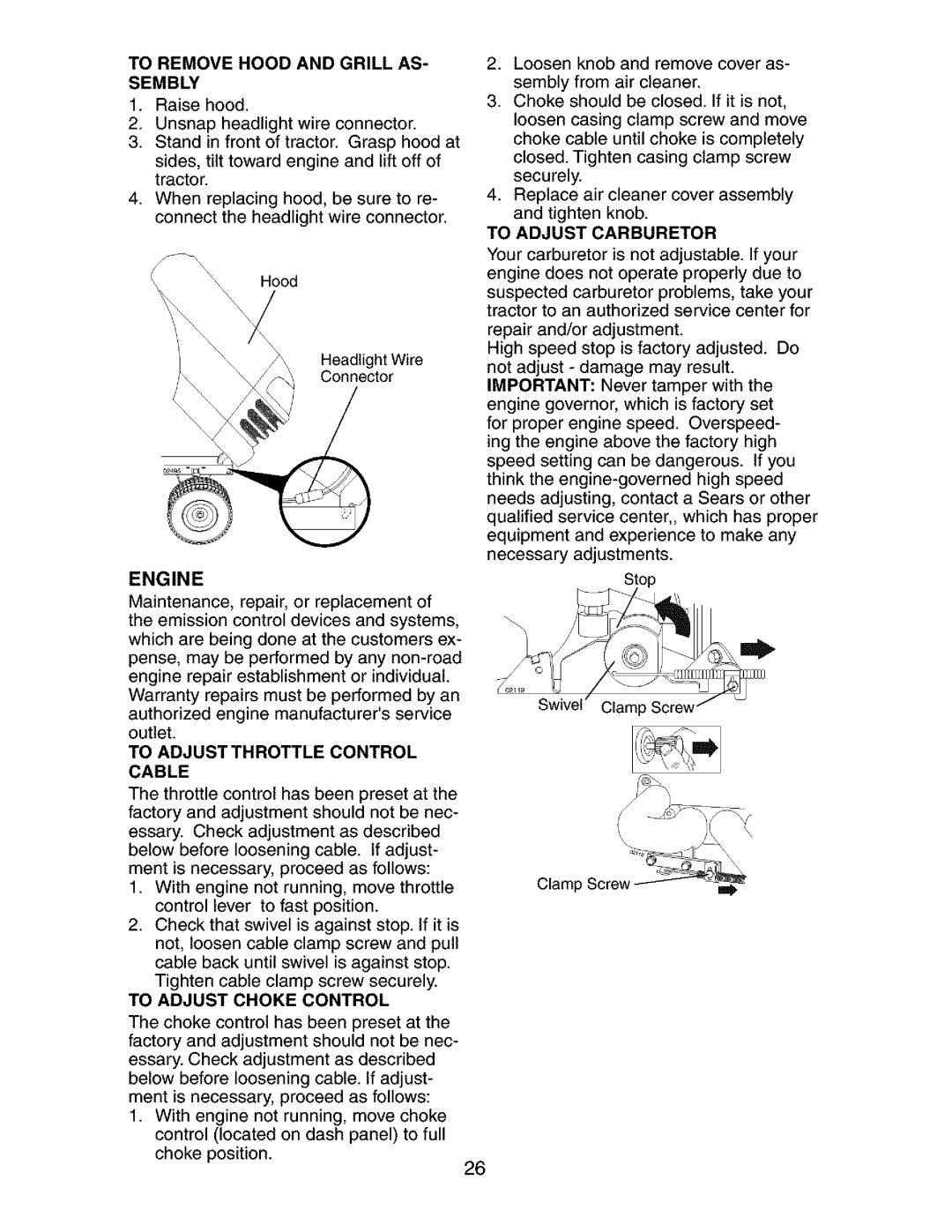 Craftsman 917.27377 manual To Adjust Throttle Control Cable, To Adjust Choke Control, To Adjust Carburetor 