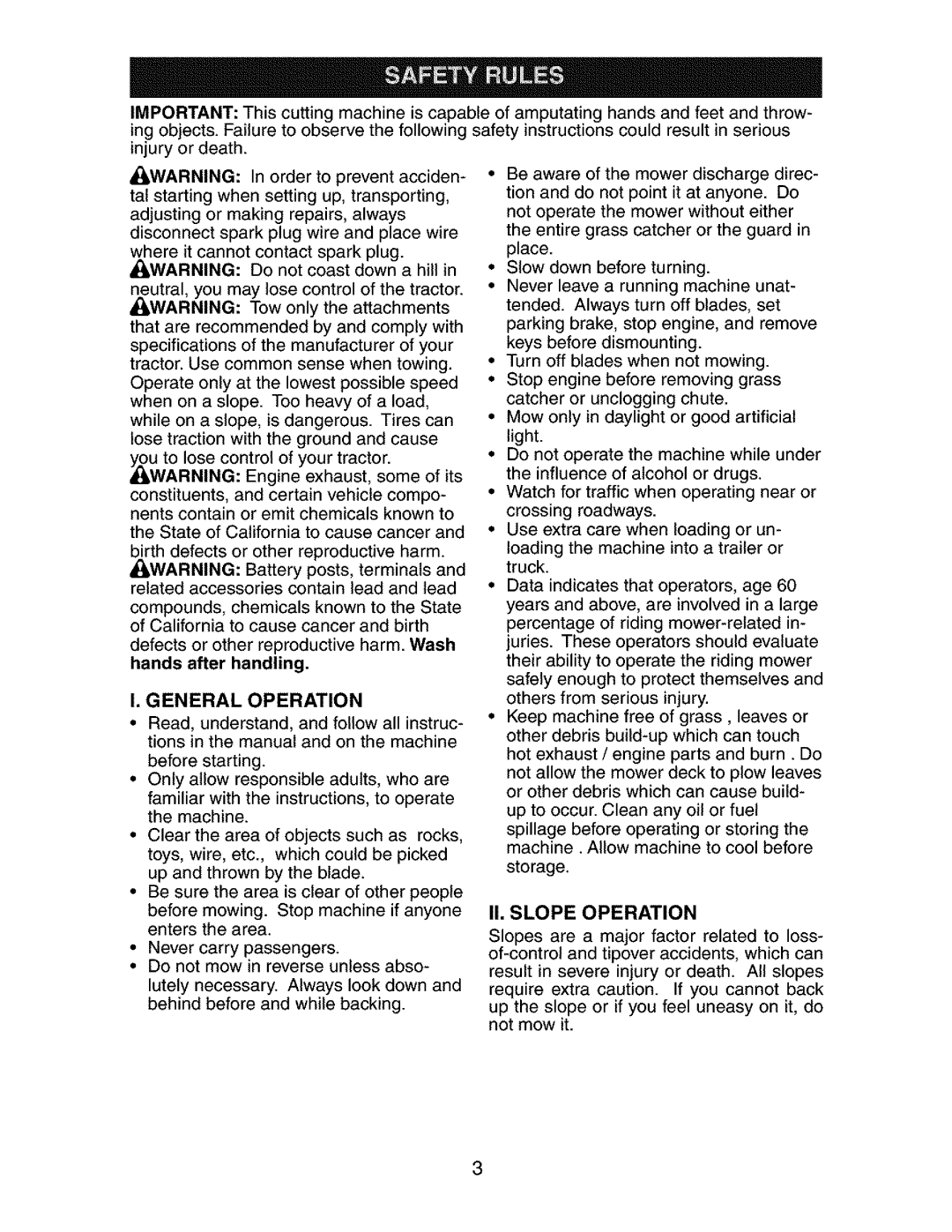 Craftsman 917.27377 manual I, General Operation, Ii, Slope Operation 