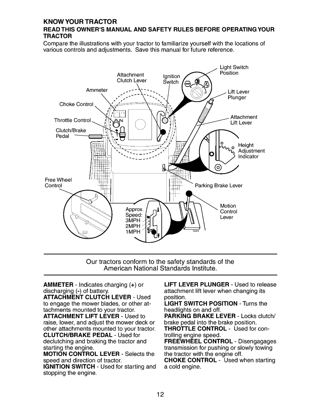 Craftsman 917.2738 Know Your Tractor, Discharging of battery Attachment Clutch Lever Used, Motion Control Lever Selects 