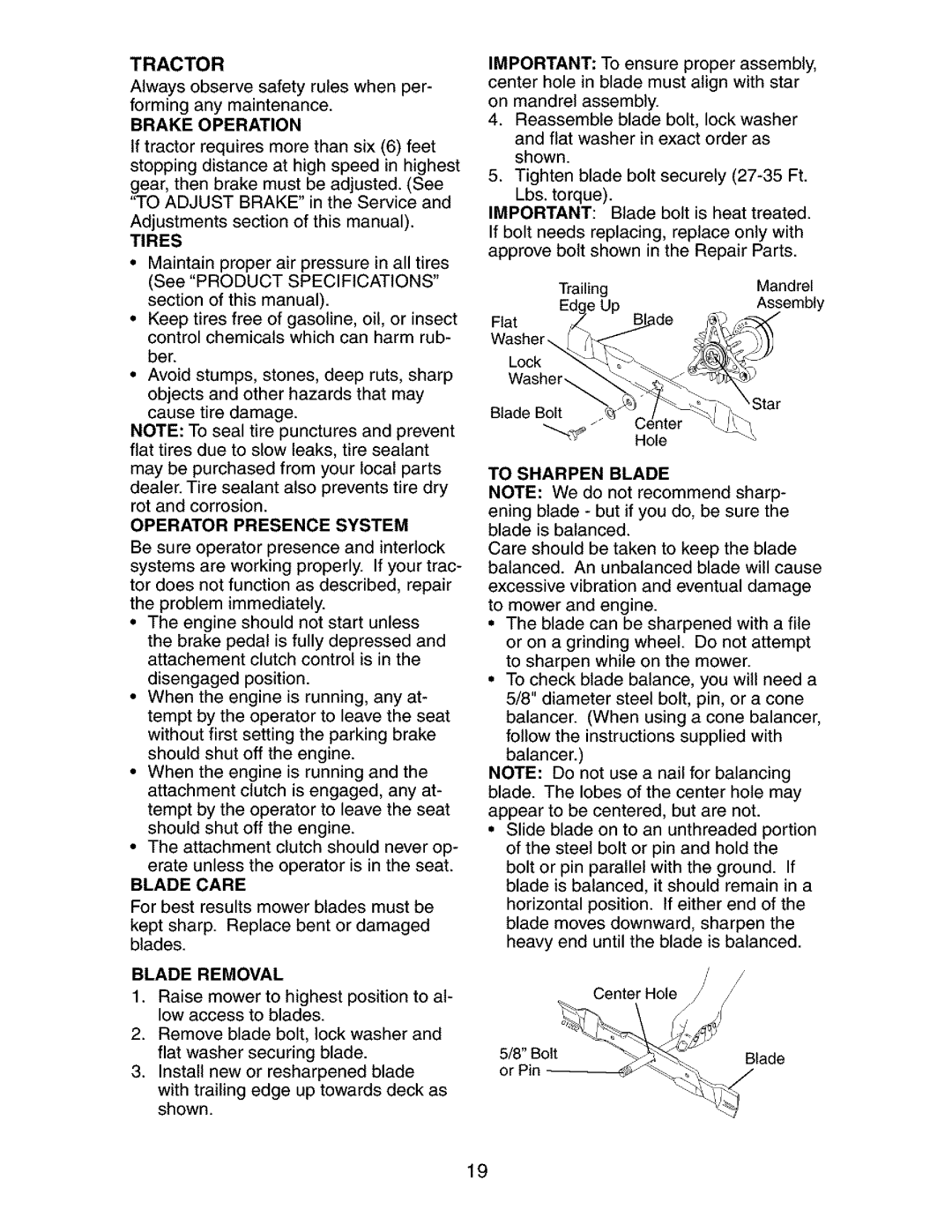 Craftsman 917.2738 owner manual Tractor, Operator Presence System, Blade Removal, To Sharpen Blade 