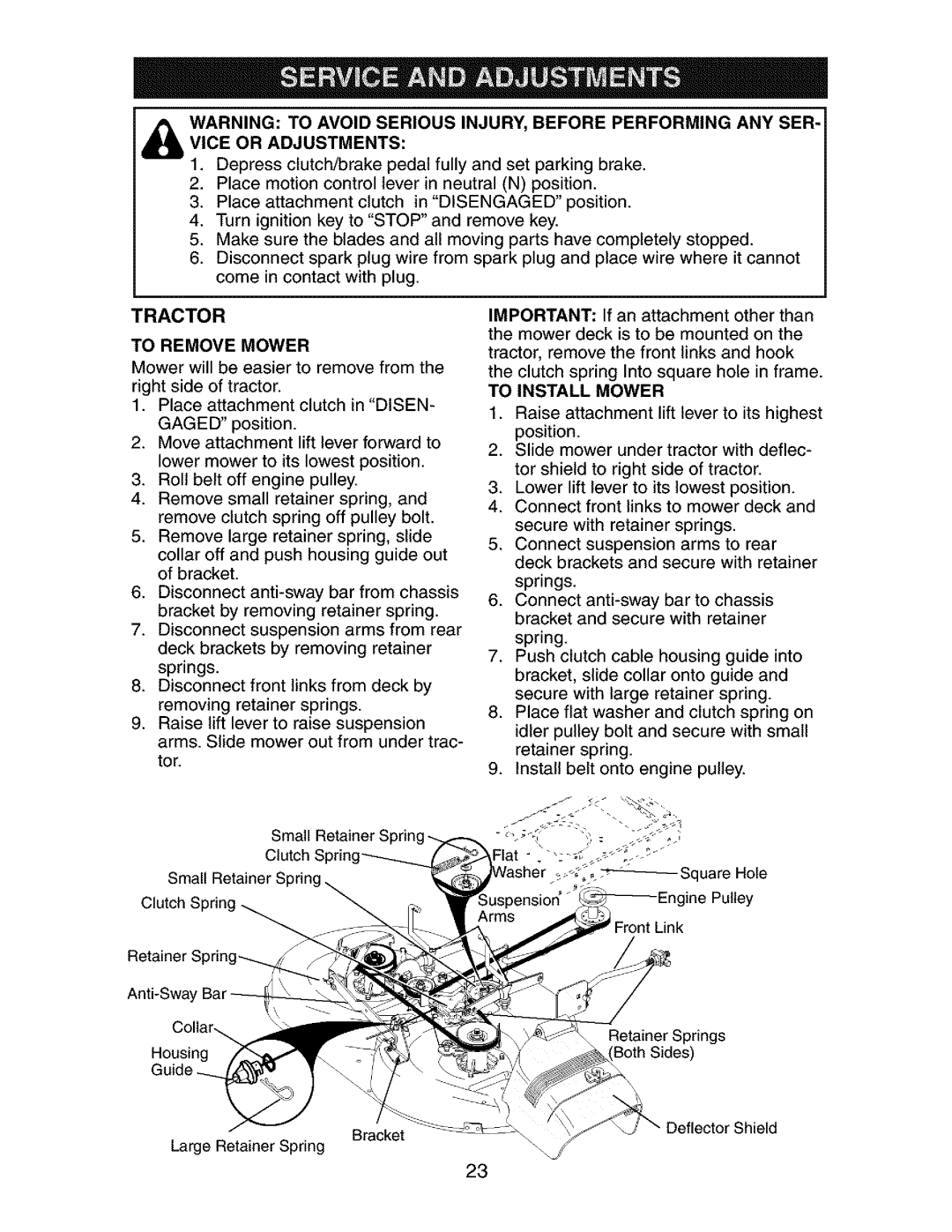 Craftsman 917.2738 owner manual Tractor, To Install Mower 