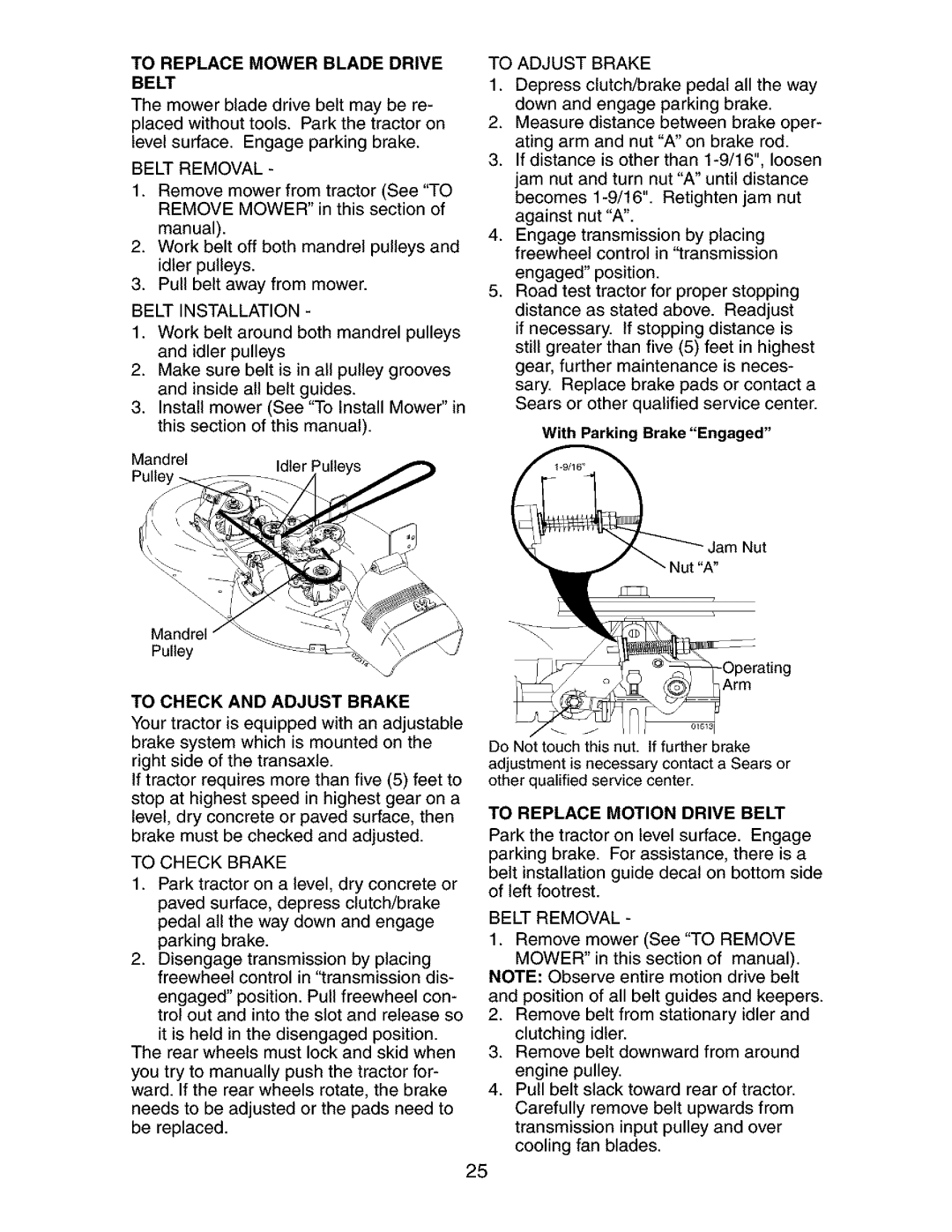 Craftsman 917.2738 owner manual To Replace Mower Blade Drive Belt, To Check and Adjust Brake 