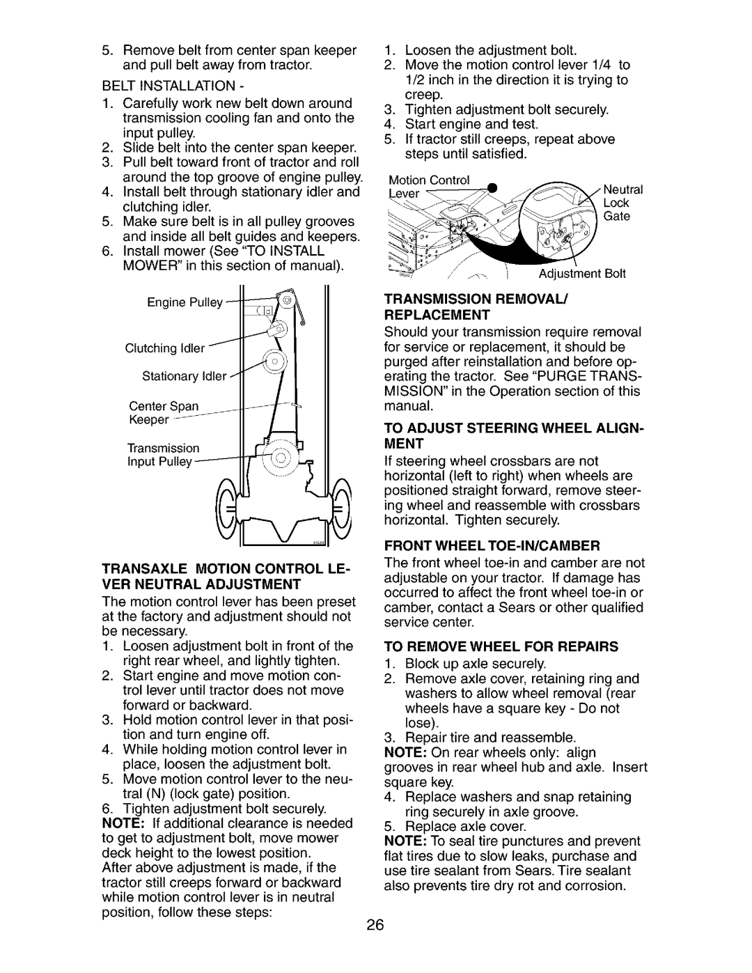 Craftsman 917.2738 owner manual Transmission Removal Replacement, Front Wheel TOE-IN/CAMBER, To Remove Wheel for Repairs 