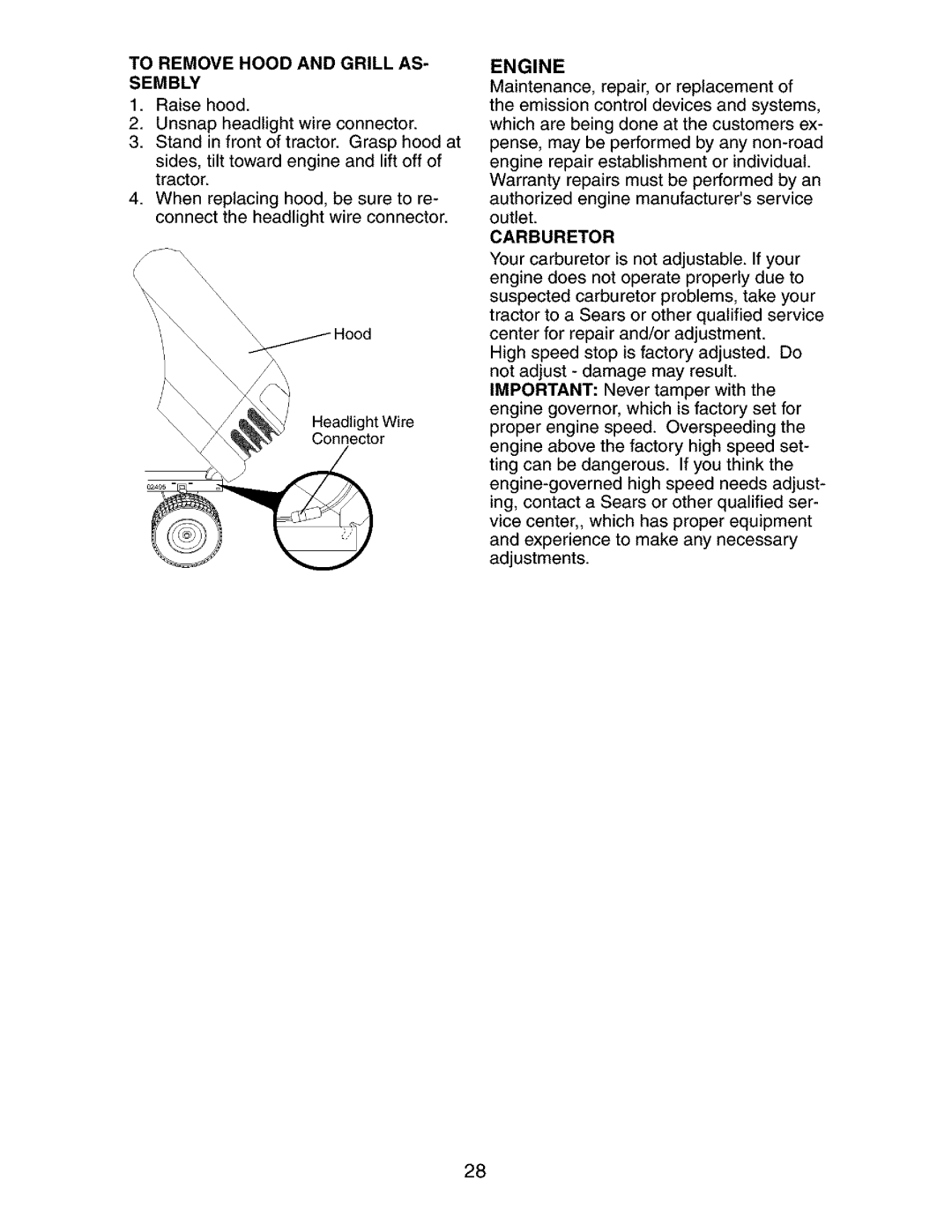 Craftsman 917.2738 owner manual Engine, Carburetor 