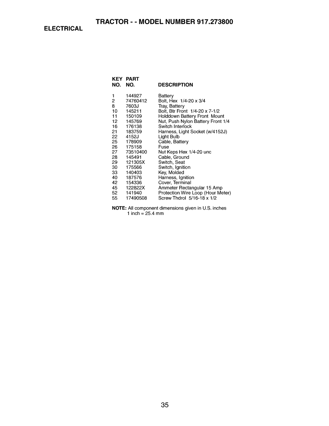 Craftsman 917.2738 owner manual Tractor - Model Number Electrical, KEY Part Description 