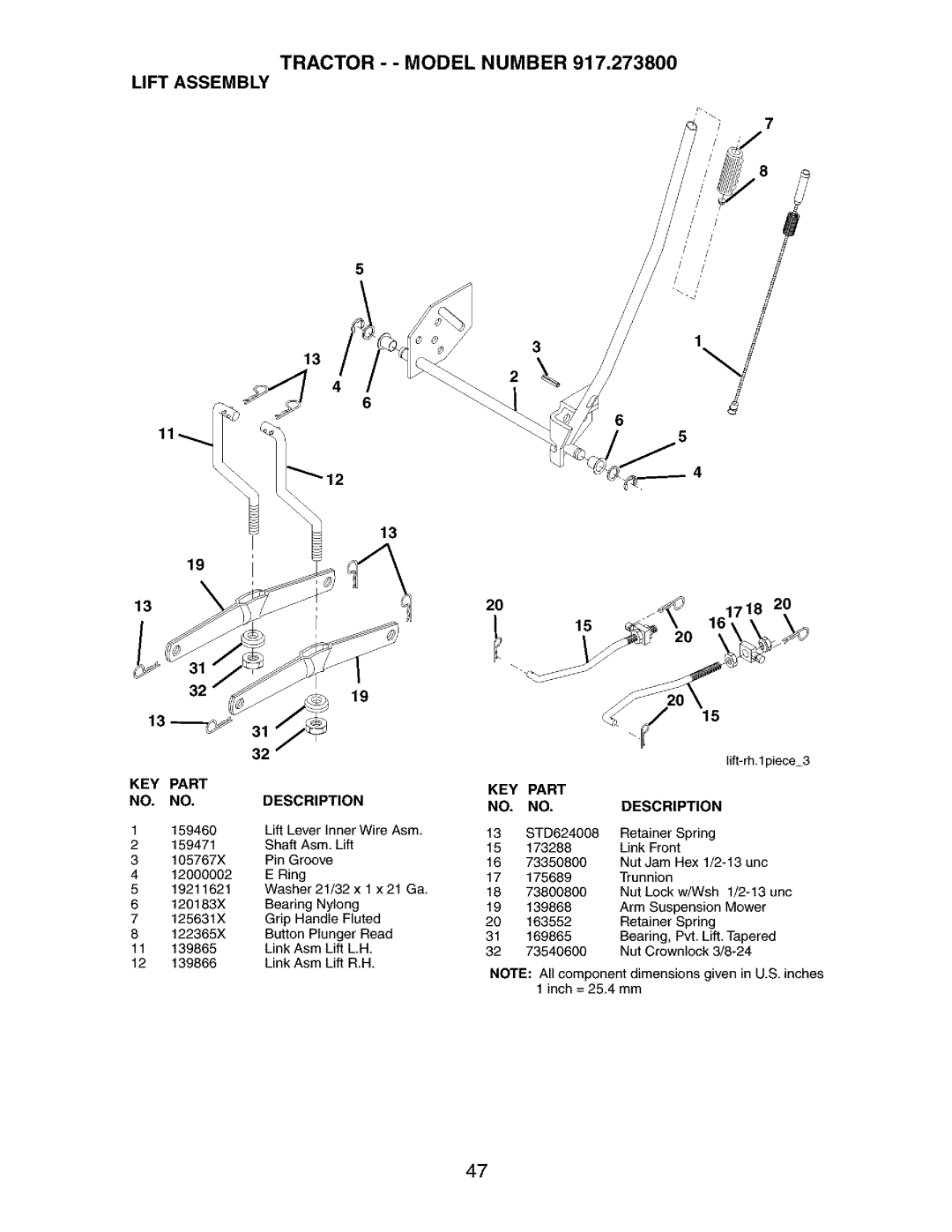 Craftsman 917.2738 owner manual Tractor - Model Number Lift Assembly 