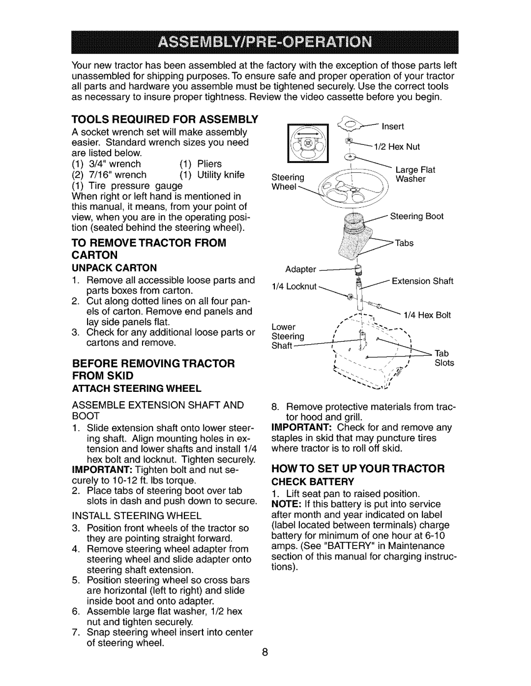 Craftsman 917.2738 Howto SET UP Your Tractor, Tools Required for Assembly, To Remove Tractor from, Check Battery 