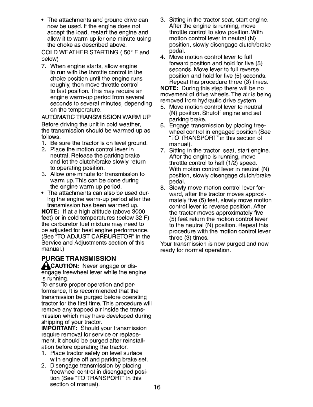 Craftsman 917.273823 owner manual Purge Transmission, Automatic Transmission Warm UP 