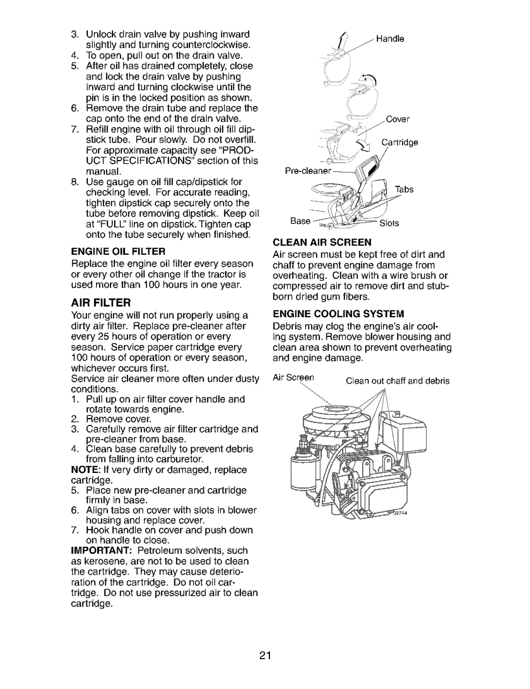 Craftsman 917.273823 owner manual AIR Filter, Clean AIR Screen, Engine OIL Filter, Engine Cooling System 