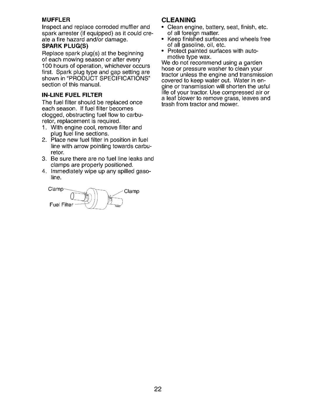 Craftsman 917.273823 owner manual Muffler, Spark Plugs, IN-LINE Fuel Filter, Cleaning 